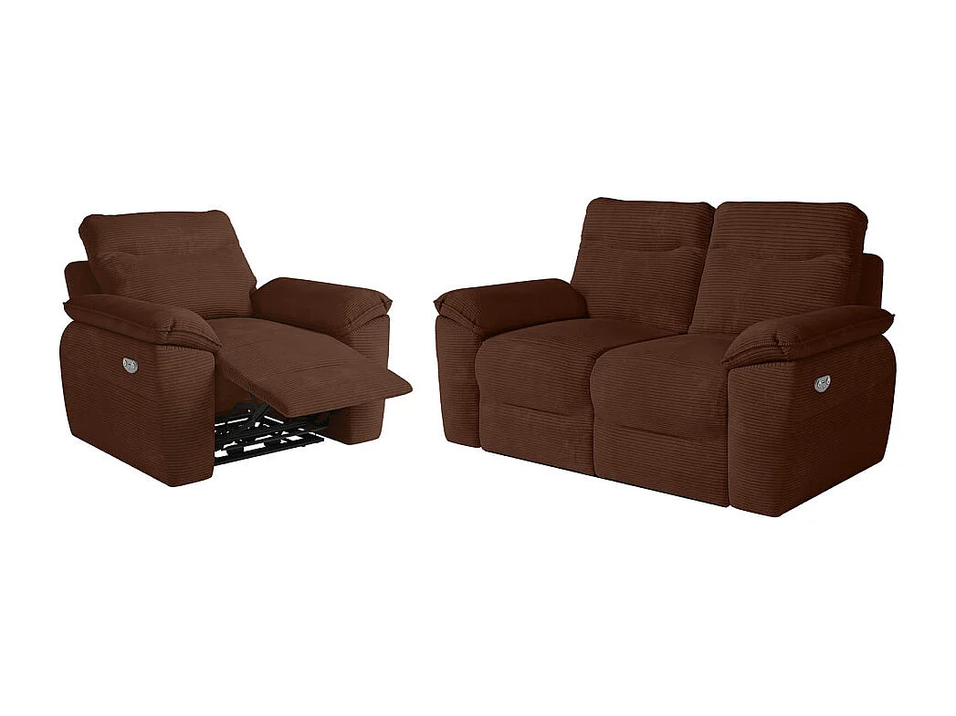 PACK - Canapé de relaxation ROSS électrique 2 places et fauteuil en velours côtelé - Marron