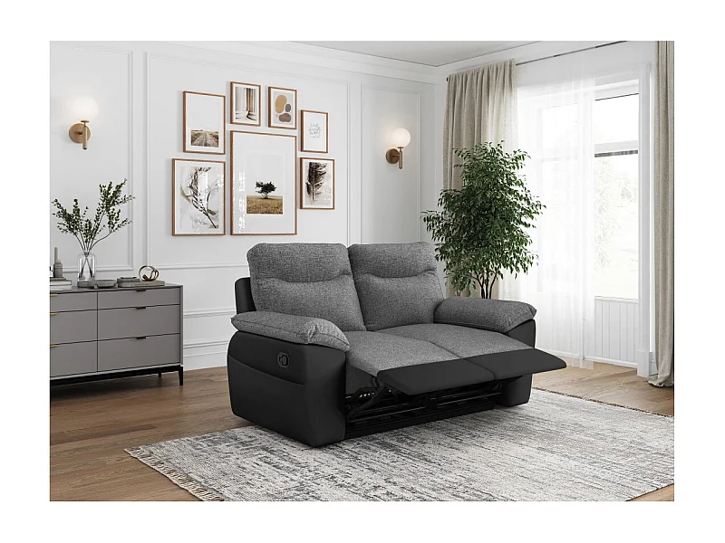 PACK - Canapé de relaxation ROSS manuel 2 places et fauteuil en tissu et simili - Noir/Gris