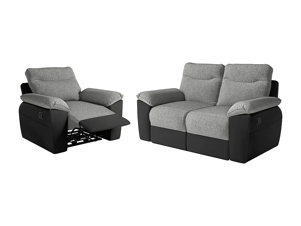 PACK - Canapé de relaxation ROSS manuel 2 places et fauteuil en tissu et simili - Noir/Gris
