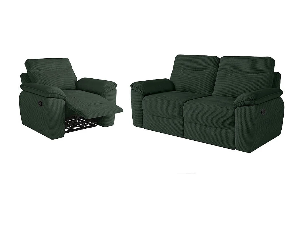 PACK - Canapé de relaxation ROSS manuel 3 places et fauteuil en velours côtelé - Vert foncé