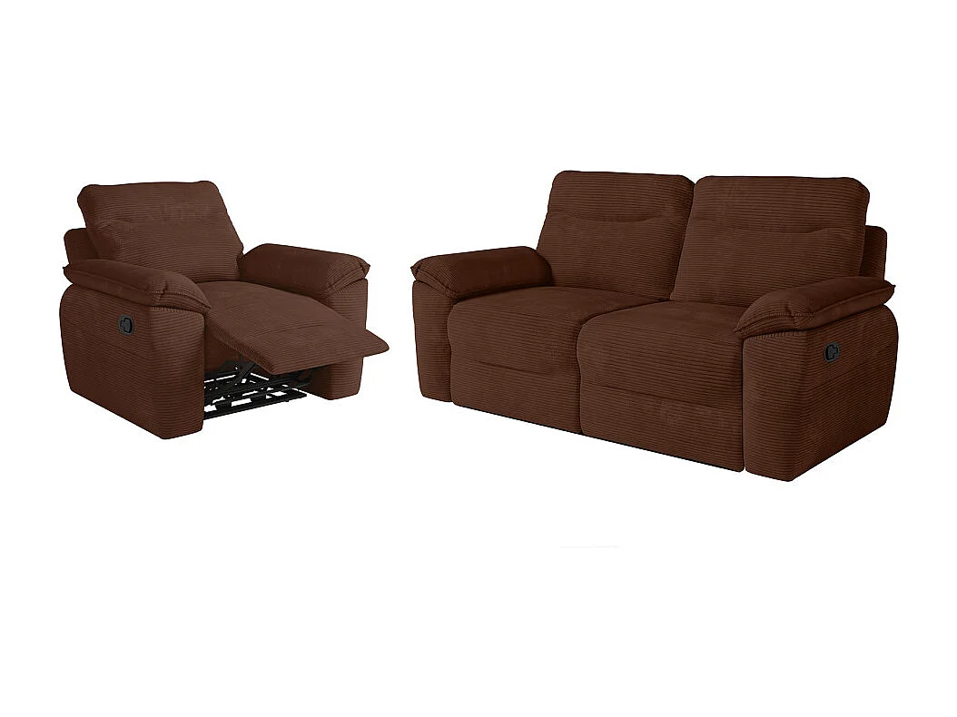 PACK - Canapé de relaxation ROSS manuel 3 places et fauteuil en velours côtelé - Marron