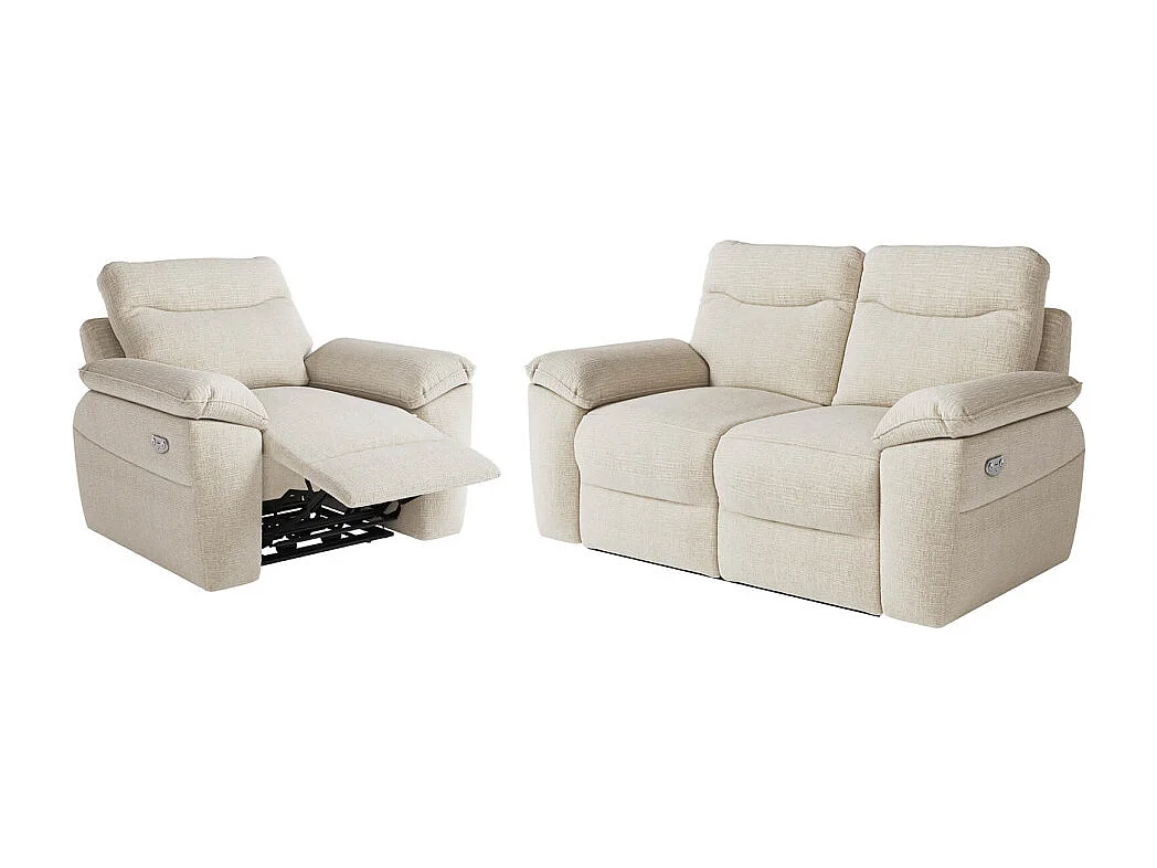 PACK - Canapé de relaxation ROSS électrique 2 places et fauteuil en tissu texturé 3D - Beige