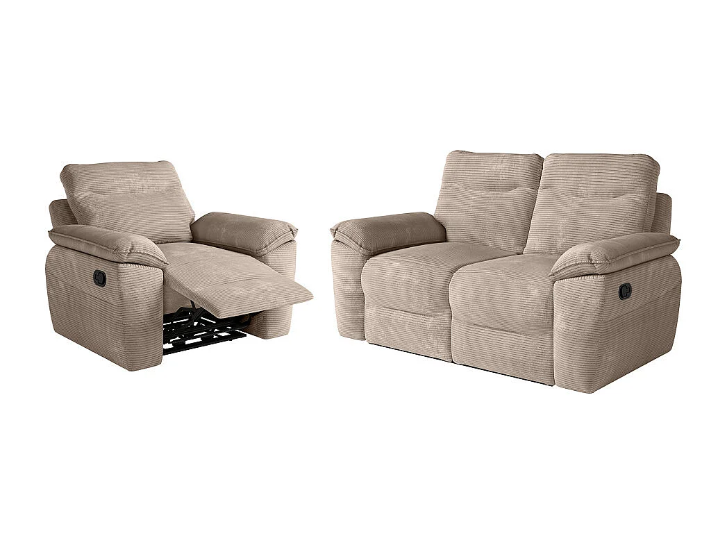 PACK - Canapé de relaxation ROSS manuel 2 places et fauteuil en velours côtelé - Taupe