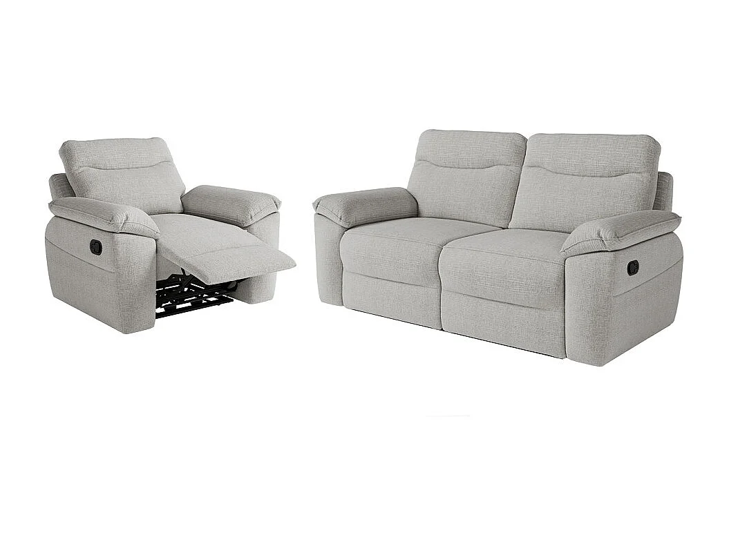 PACK - Canapé de relaxation ROSS manuel 3 places et fauteuil en tissu texturé 3D - Gris clair
