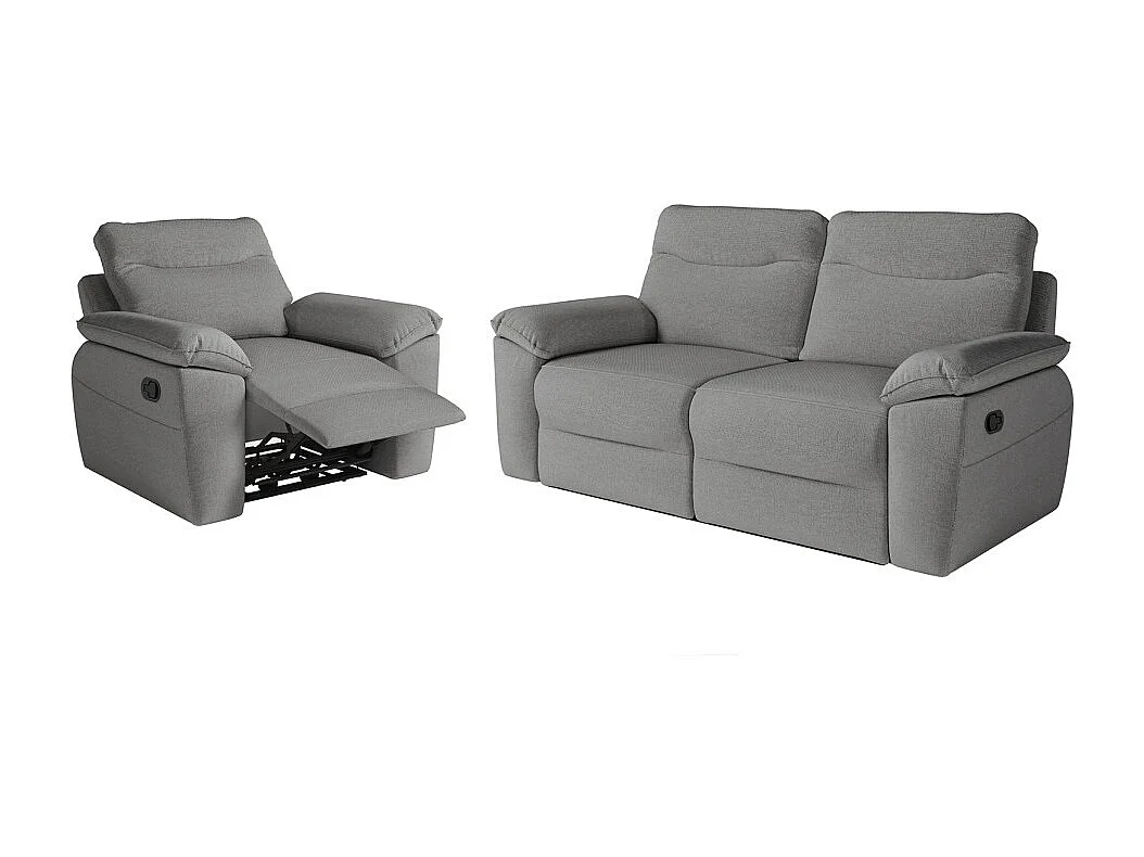 PACK - Canapé de relaxation ROSS manuel 3 places et fauteuil en tissu antitache - Gris