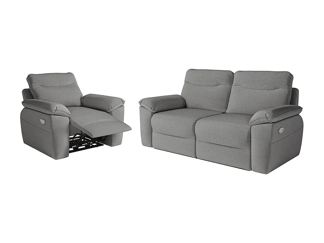 PACK - Canapé de relaxation ROSS électrique 3 places et fauteuil en tissu antitache - Gris
