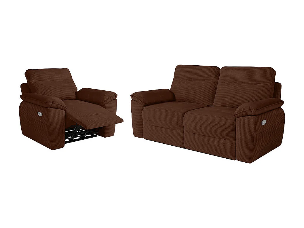 PACK - Canapé de relaxation ROSS électrique 3 places et fauteuil en velours côtelé - Marron