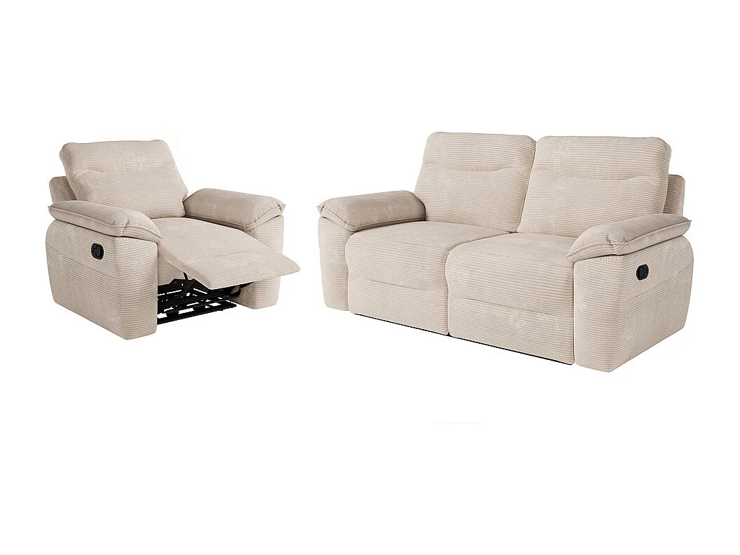 PACK - Canapé de relaxation ROSS manuel 3 places et fauteuil en velours côtelé - Beige