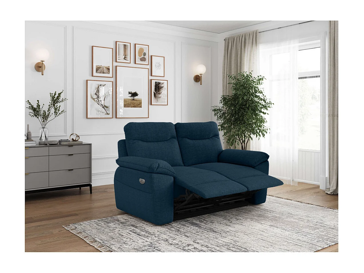 PACK - Canapé de relaxation ROSS électrique 2 places et fauteuil en tissu texturé 3D - Bleu foncé