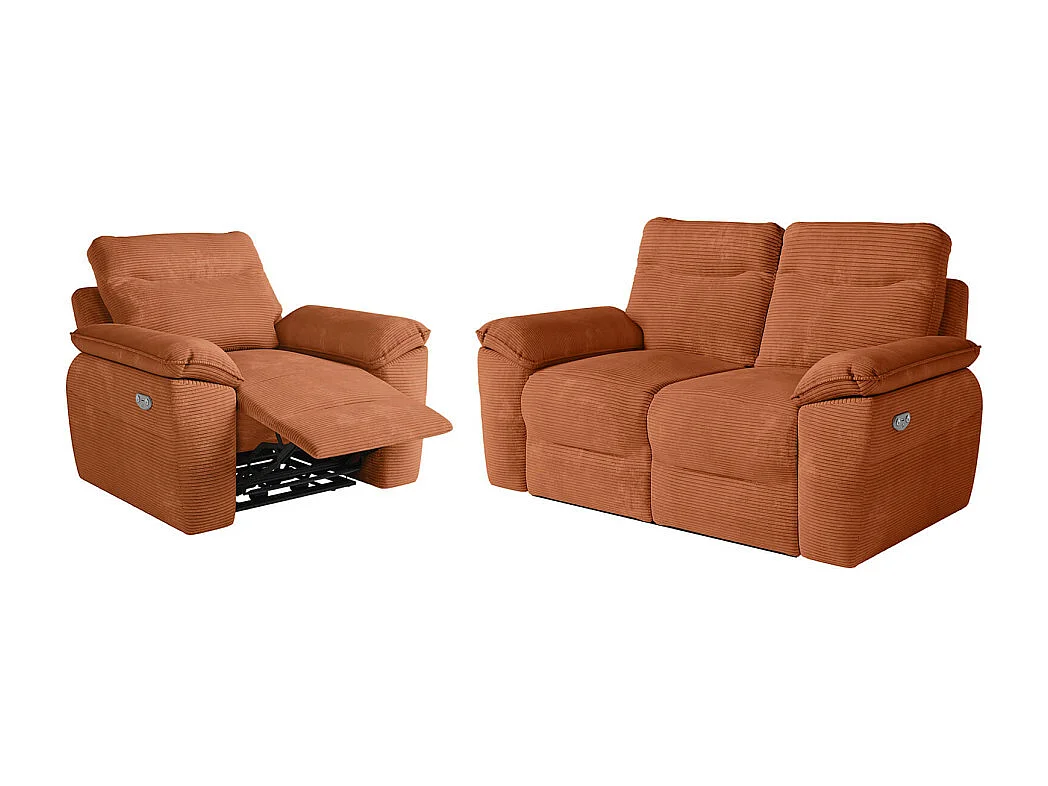 PACK - Canapé de relaxation ROSS électrique 2 places et fauteuil en velours côtelé - Terracotta