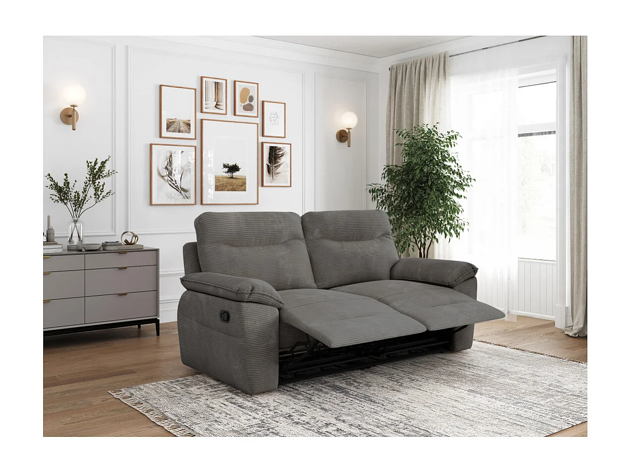 PACK - Canapé de relaxation ROSS manuel 3 places et fauteuil en velours côtelé - Gris
