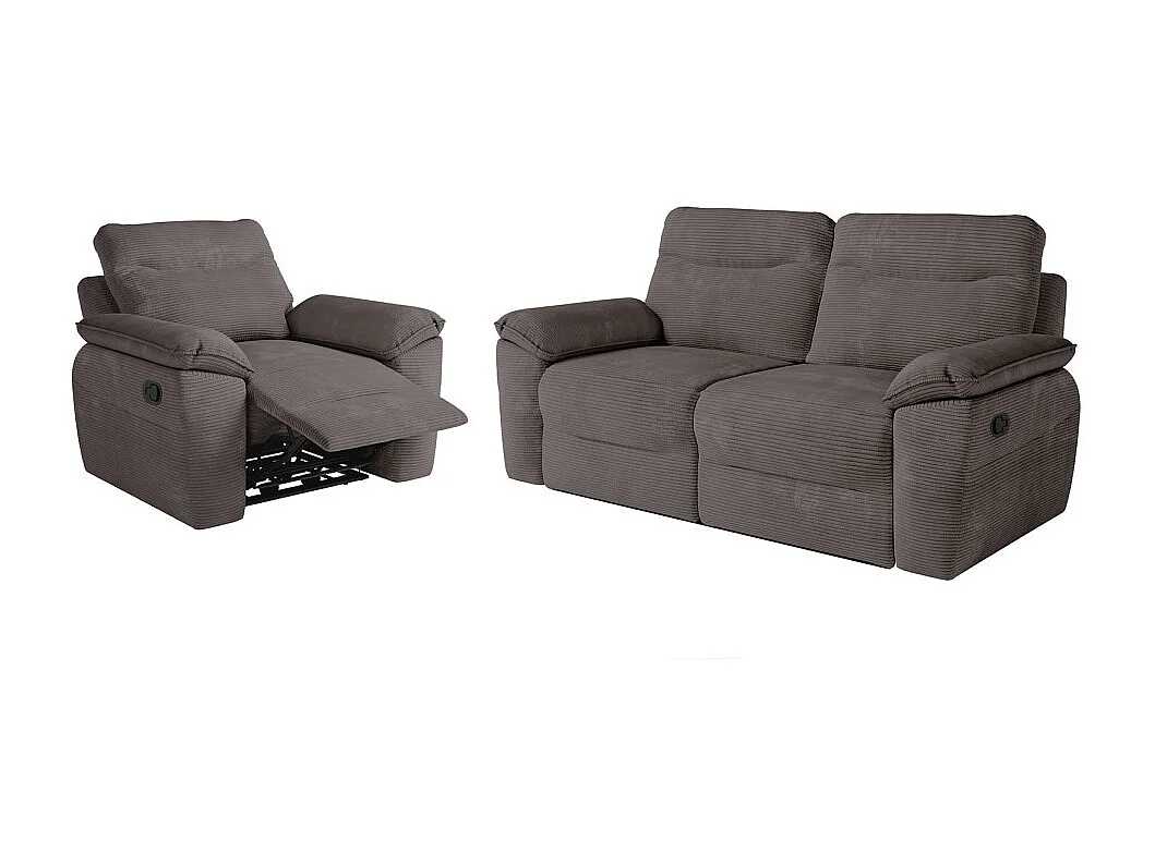 PACK - Canapé de relaxation ROSS manuel 3 places et fauteuil en velours côtelé - Gris