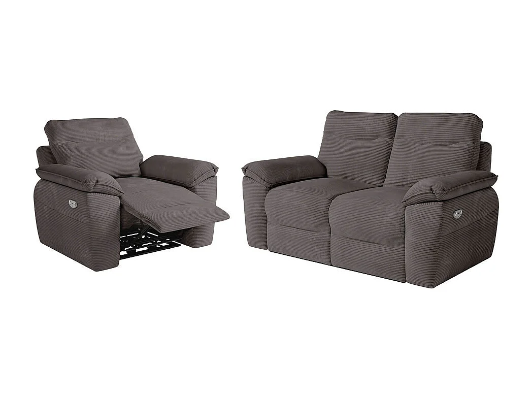 PACK - Canapé de relaxation ROSS électrique 2 places et fauteuil en velours côtelé - Gris