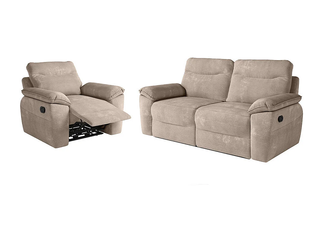 PACK - Canapé de relaxation ROSS manuel 3 places et fauteuil en velours côtelé - Taupe