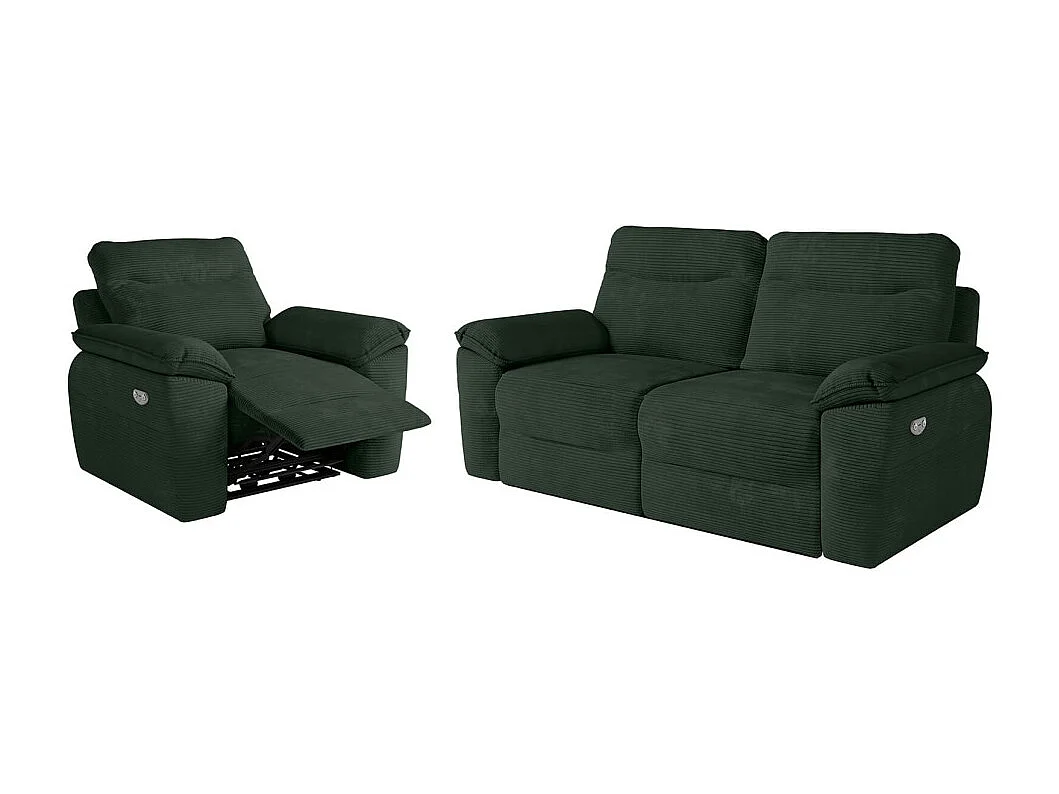 PACK - Canapé de relaxation ROSS électrique 3 places et fauteuil en velours côtelé - Vert foncé