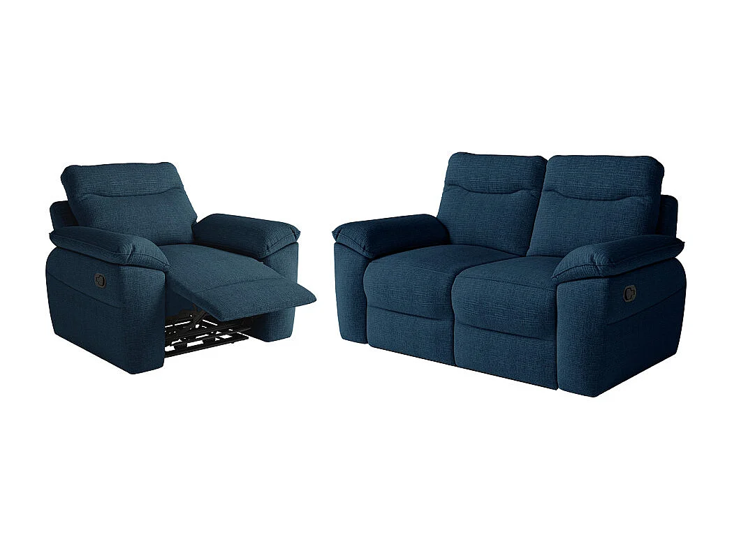 PACK - Canapé de relaxation ROSS manuel 2 places et fauteuil en tissu texturé 3D - Bleu foncé