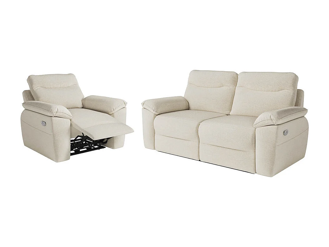 PACK - Canapé de relaxation ROSS électrique 3 places et fauteuil en tissu antitache - Beige