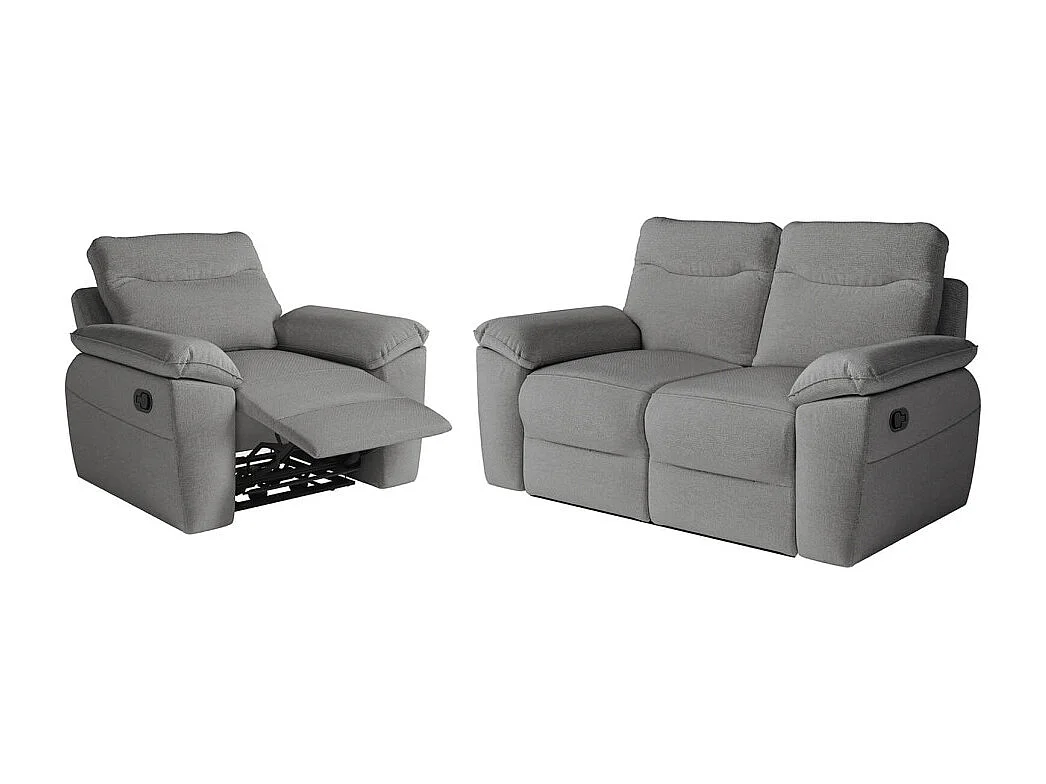PACK - Canapé de relaxation ROSS manuel 2 places et fauteuil en tissu antitache - Gris