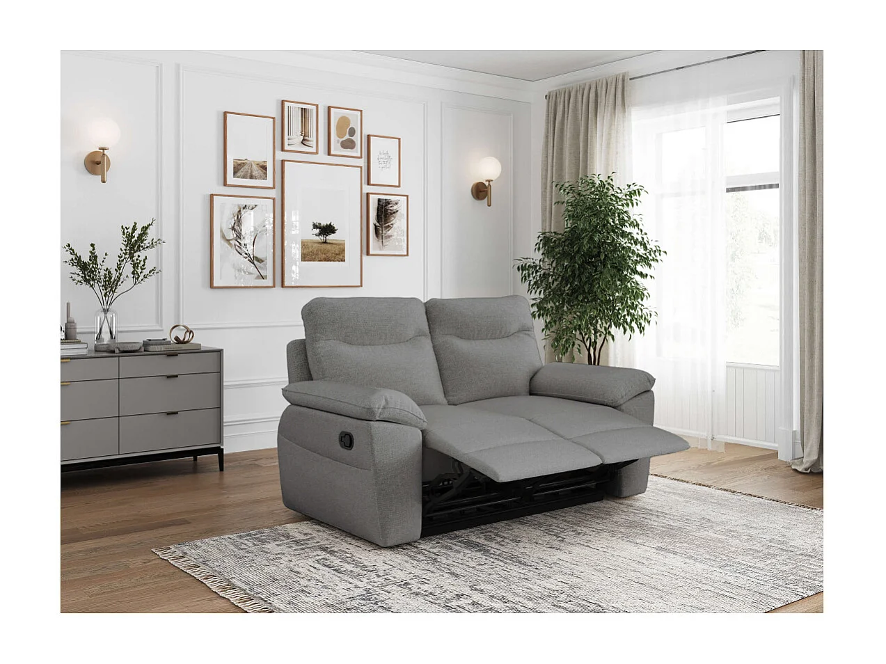 PACK - Canapé de relaxation ROSS manuel 2 places et fauteuil en tissu antitache - Gris