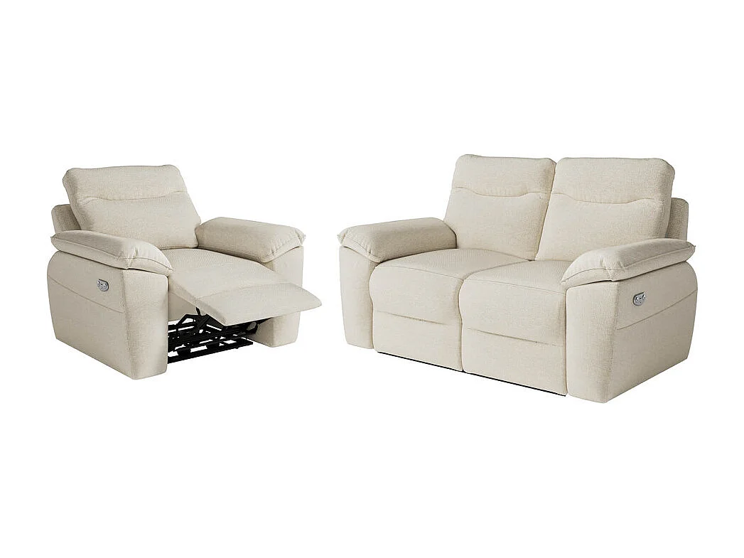 PACK - Canapé de relaxation ROSS électrique 2 places et fauteuil en tissu antitache - Beige