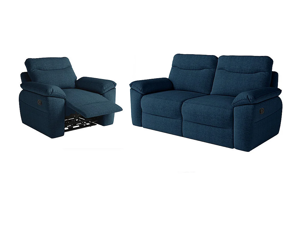 PACK - Canapé de relaxation ROSS manuel 3 places et fauteuil en tissu texturé 3D - Bleu foncé