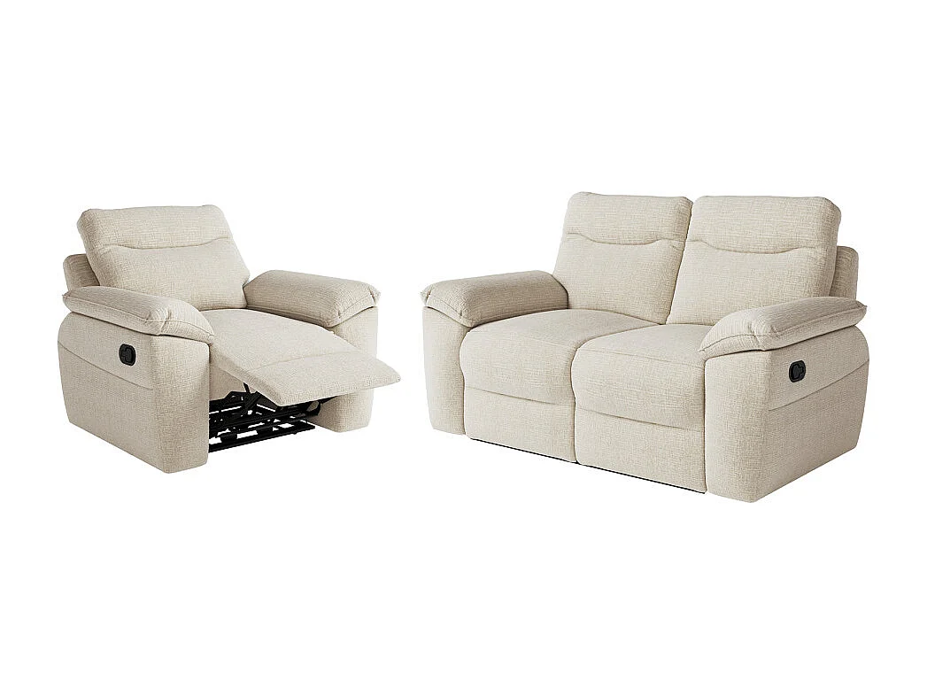 PACK - Canapé de relaxation ROSS manuel 2 places et fauteuil en tissu texturé 3D - Beige