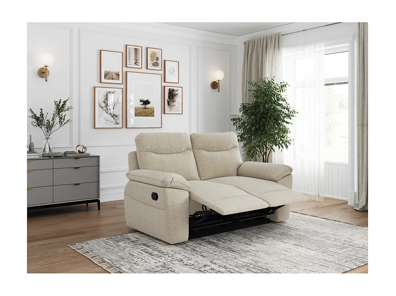 PACK - Canapé de relaxation ROSS manuel 2 places et fauteuil en tissu texturé 3D - Beige