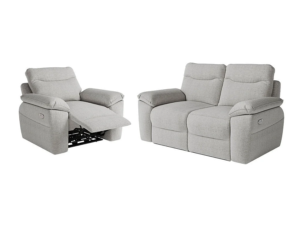 PACK - Canapé de relaxation ROSS électrique 2 places et fauteuil en tissu texturé 3D - Gris clair