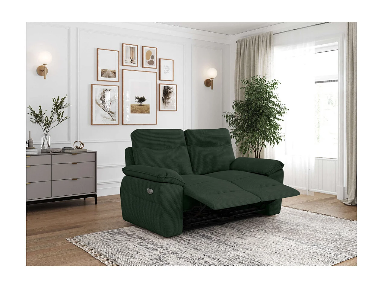 PACK - Canapé de relaxation ROSS électrique 2 places et fauteuil en velours côtelé - Vert foncé