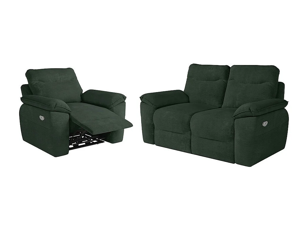 PACK - Canapé de relaxation ROSS électrique 2 places et fauteuil en velours côtelé - Vert foncé