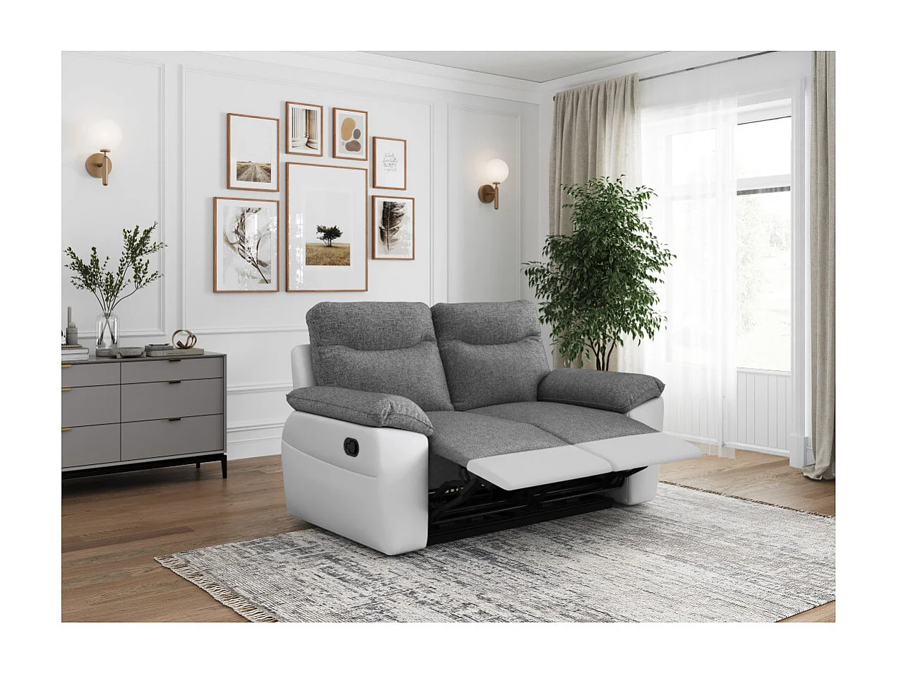 PACK - Canapé de relaxation ROSS manuel 2 places et fauteuil en tissu antitache - Blanc/Gris