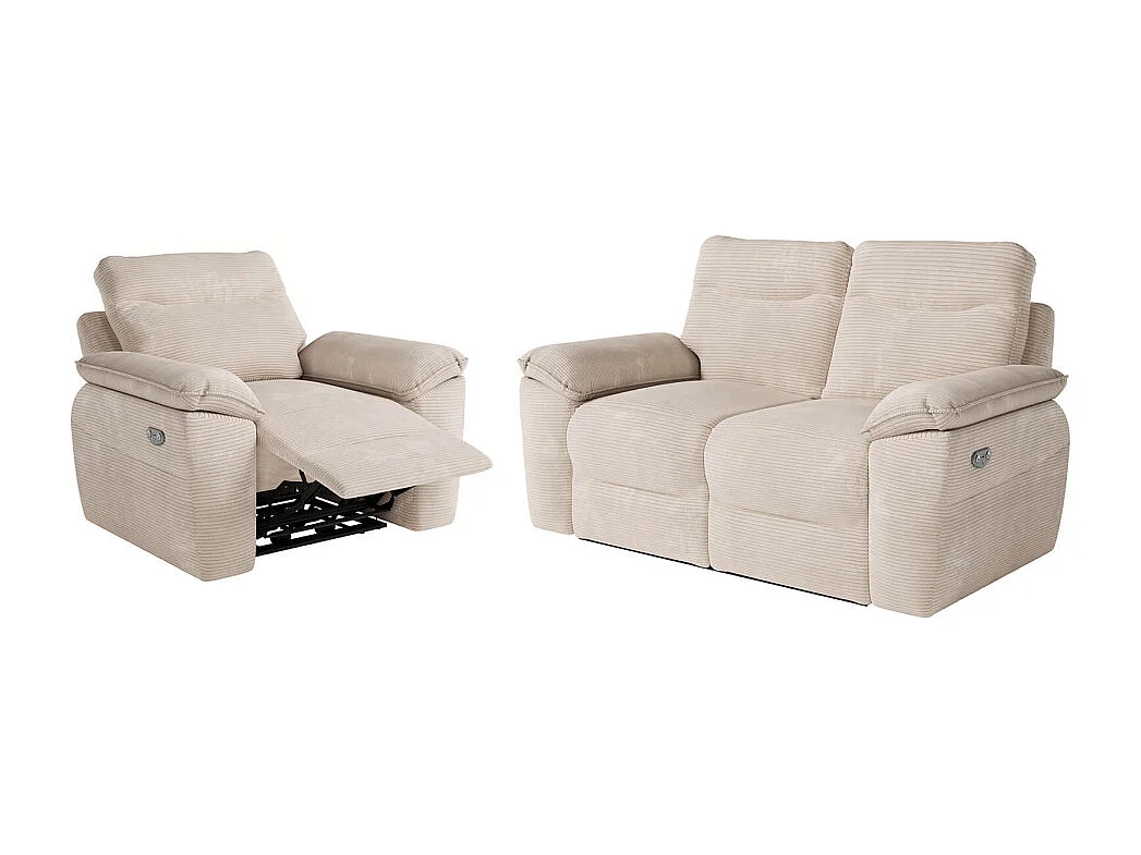 PACK - Canapé de relaxation ROSS électrique 2 places et fauteuil en velours côtelé - Beige