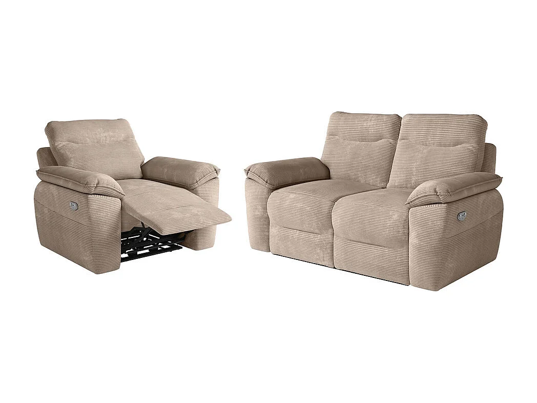 PACK - Canapé de relaxation ROSS électrique 2 places et fauteuil en velours côtelé - Taupe