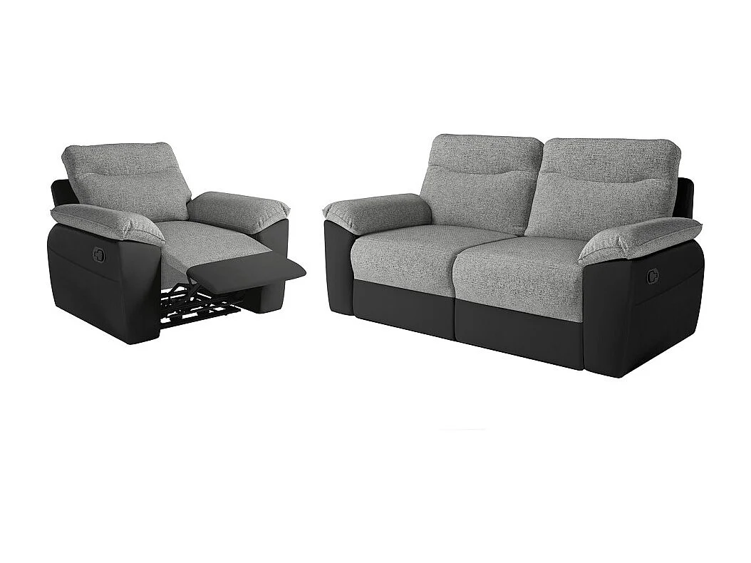 PACK - Canapé de relaxation ROSS manuel 3 places et fauteuil en tissu et simili - Noir/Gris