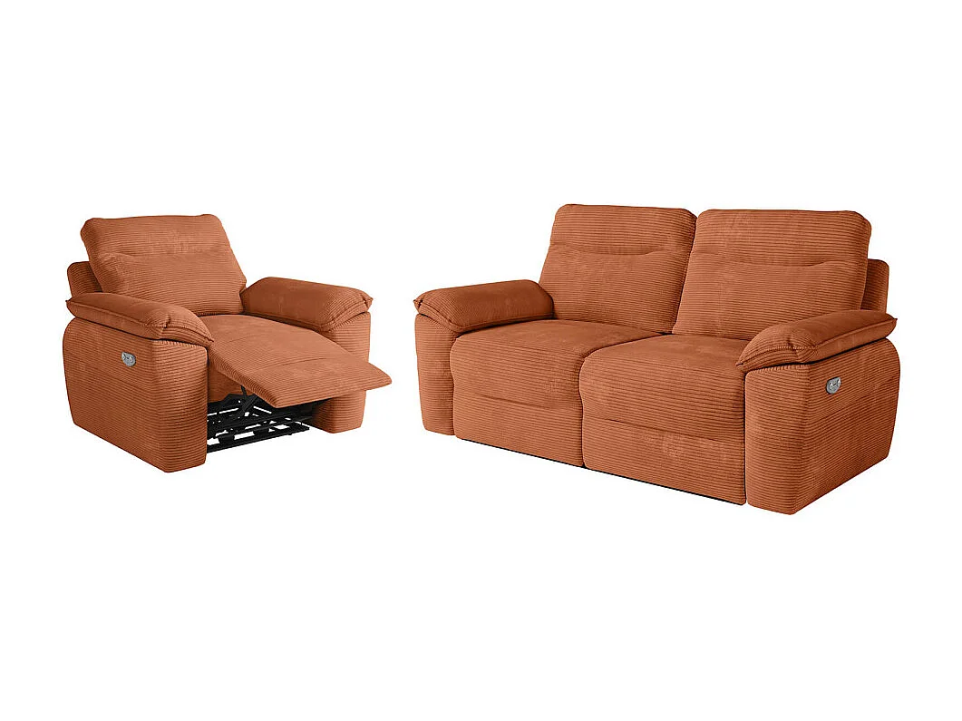 PACK - Canapé de relaxation ROSS électrique 3 places et fauteuil en velours côtelé - Terracotta