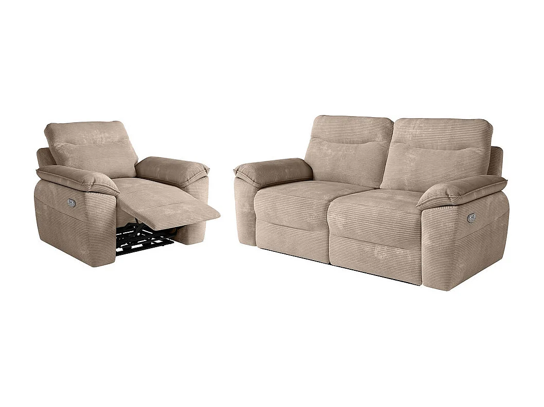 PACK - Canapé de relaxation ROSS électrique 3 places et fauteuil en velours côtelé - Taupe