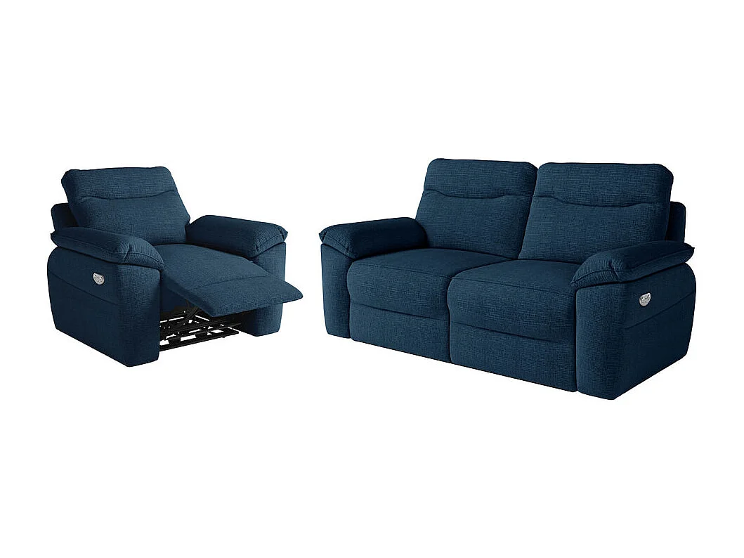 PACK - Canapé de relaxation ROSS électrique 3 places et fauteuil en tissu texturé 3D - Bleu foncé