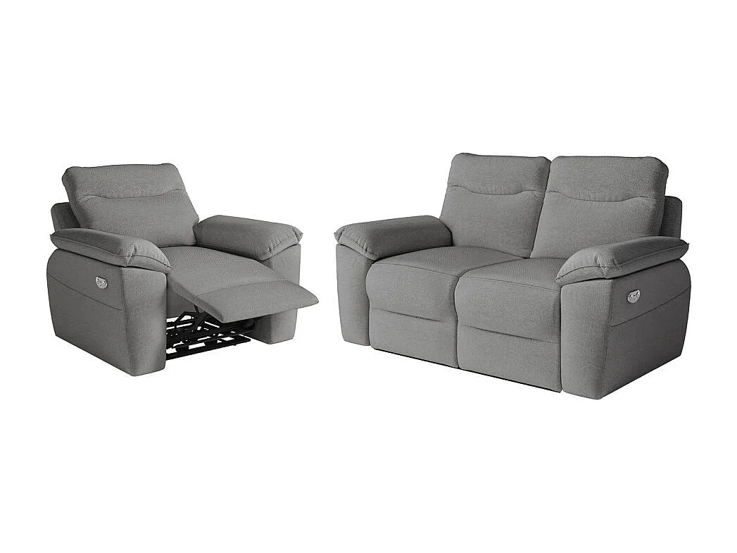 PACK - Canapé de relaxation ROSS électrique 2 places et fauteuil en tissu antitache - Gris