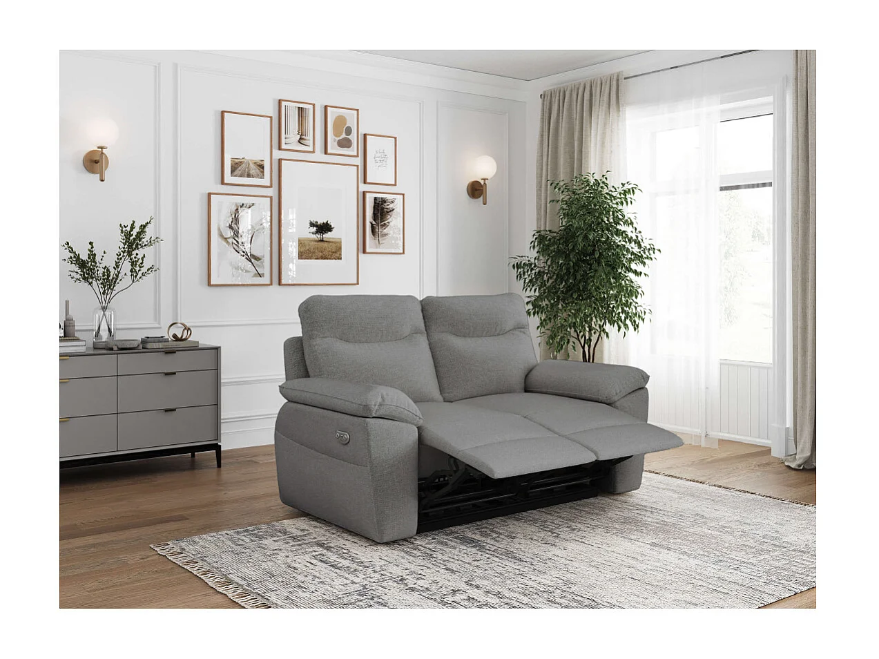 PACK - Canapé de relaxation ROSS électrique 2 places et fauteuil en tissu antitache - Gris