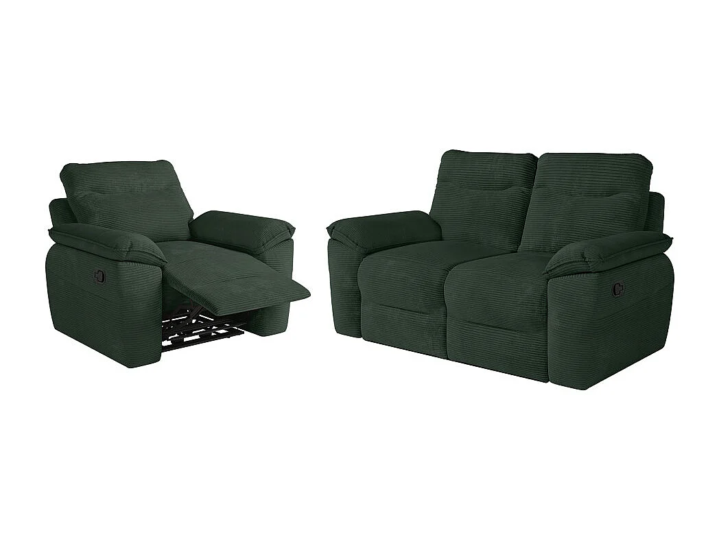 PACK - Canapé de relaxation ROSS manuel 2 places et fauteuil en velours côtelé - Vert foncé