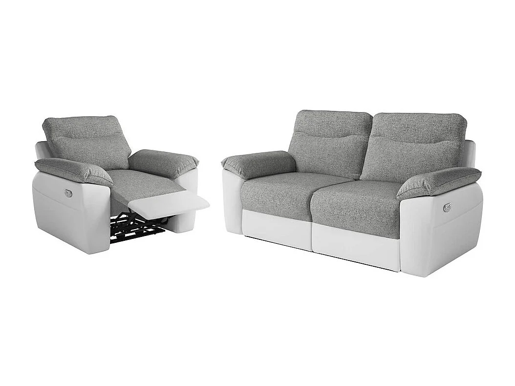 PACK - Canapé de relaxation ROSS électrique 3 places et fauteuil en tissu et simili - Blanc/Gris
