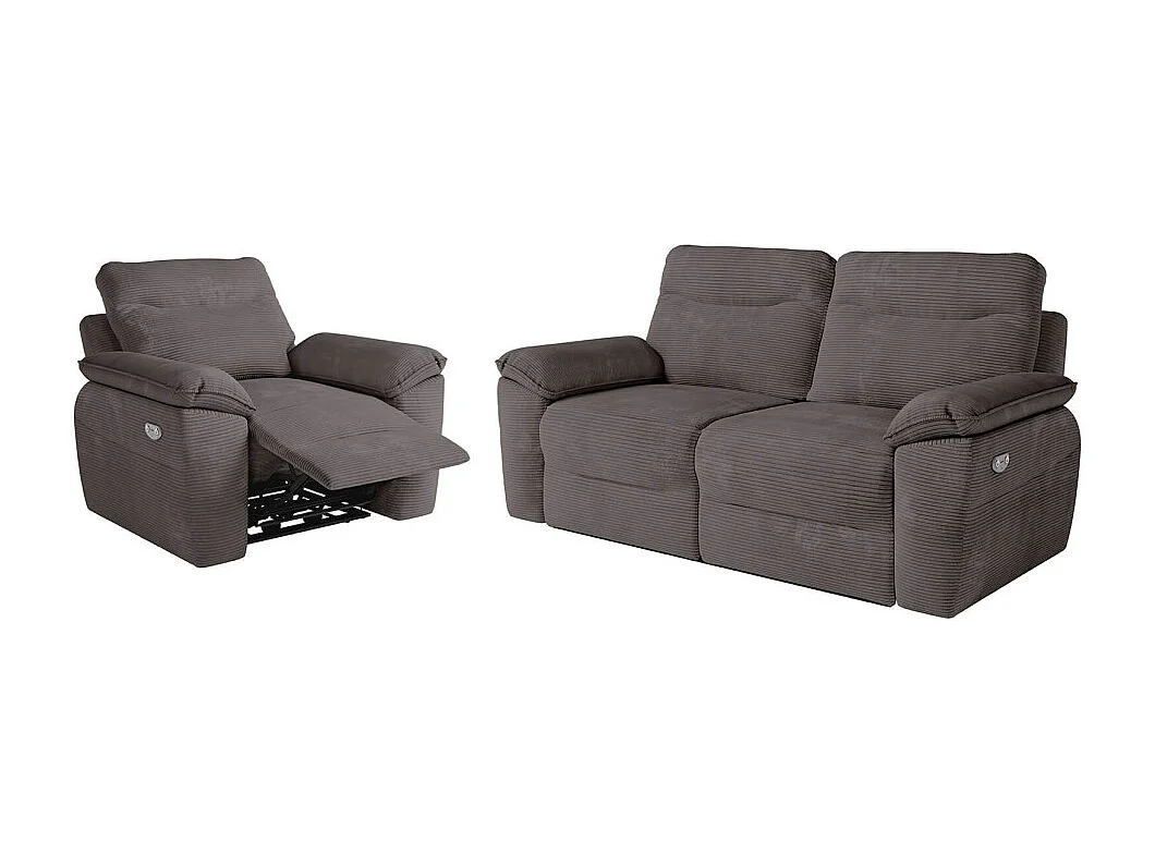 PACK - Canapé de relaxation ROSS électrique 3 places et fauteuil en velours côtelé - Gris