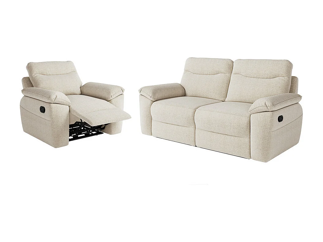 PACK - Canapé de relaxation ROSS manuel 3 places et fauteuil en tissu texturé 3D - Beige