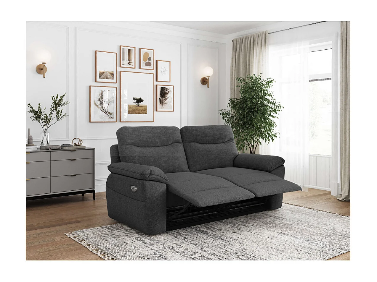 PACK - Canapé de relaxation ROSS électrique 3 places et fauteuil en tissu texturé 3D - Gris anthracite