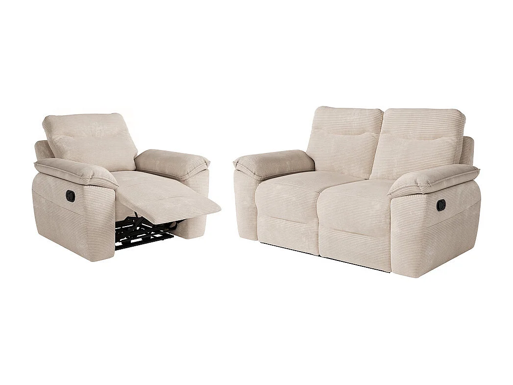 PACK - Canapé de relaxation ROSS manuel 2 places et fauteuil en velours côtelé - Beige