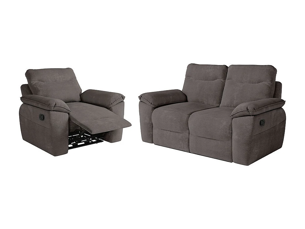 PACK - Canapé de relaxation ROSS manuel 2 places et fauteuil en velours côtelé - Gris