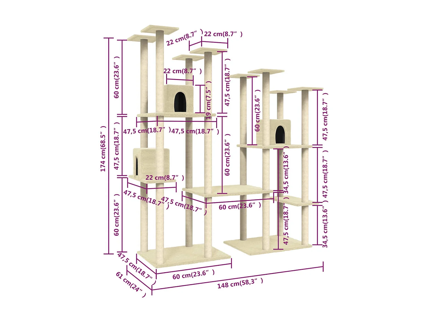 Arbre à chat avec griffoirs en sisal Crème 174 cm