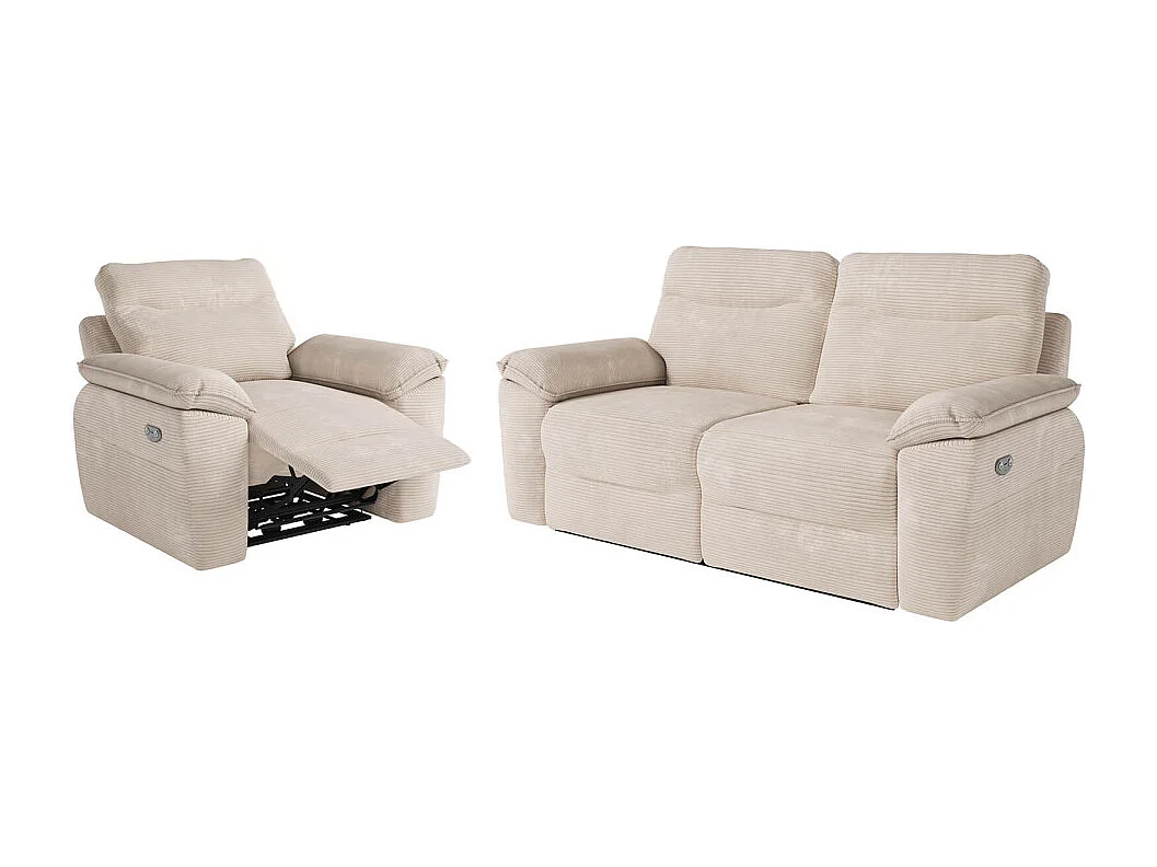 PACK - Canapé de relaxation ROSS électrique 3 places et fauteuil en velours côtelé - Beige