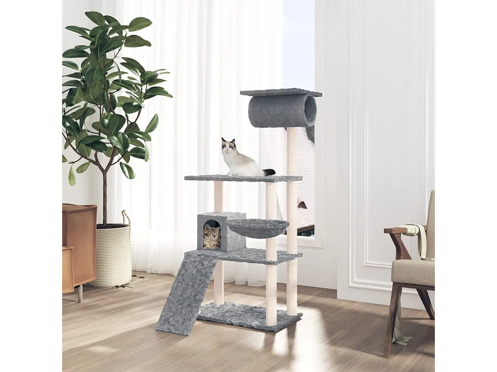 Rascador para gatos con postes de sisal gris claro 131 cm
