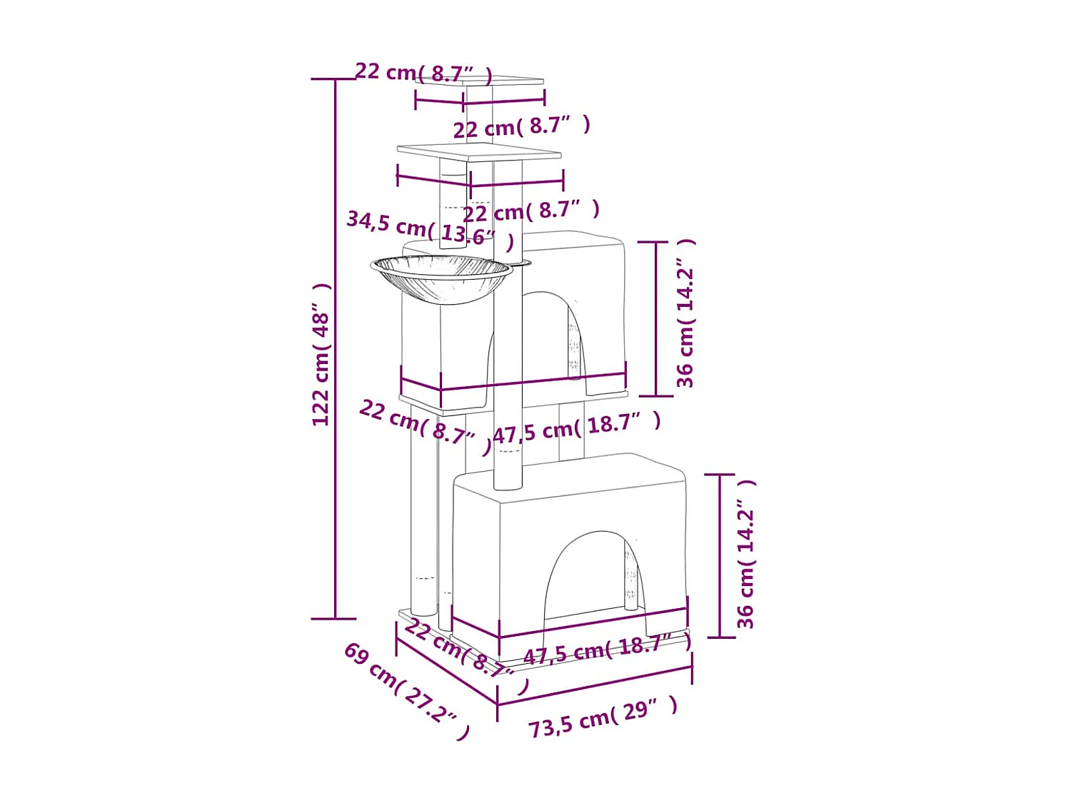 Árvore para gatos com postes arranhadores sisal 122cm cinza-escuro